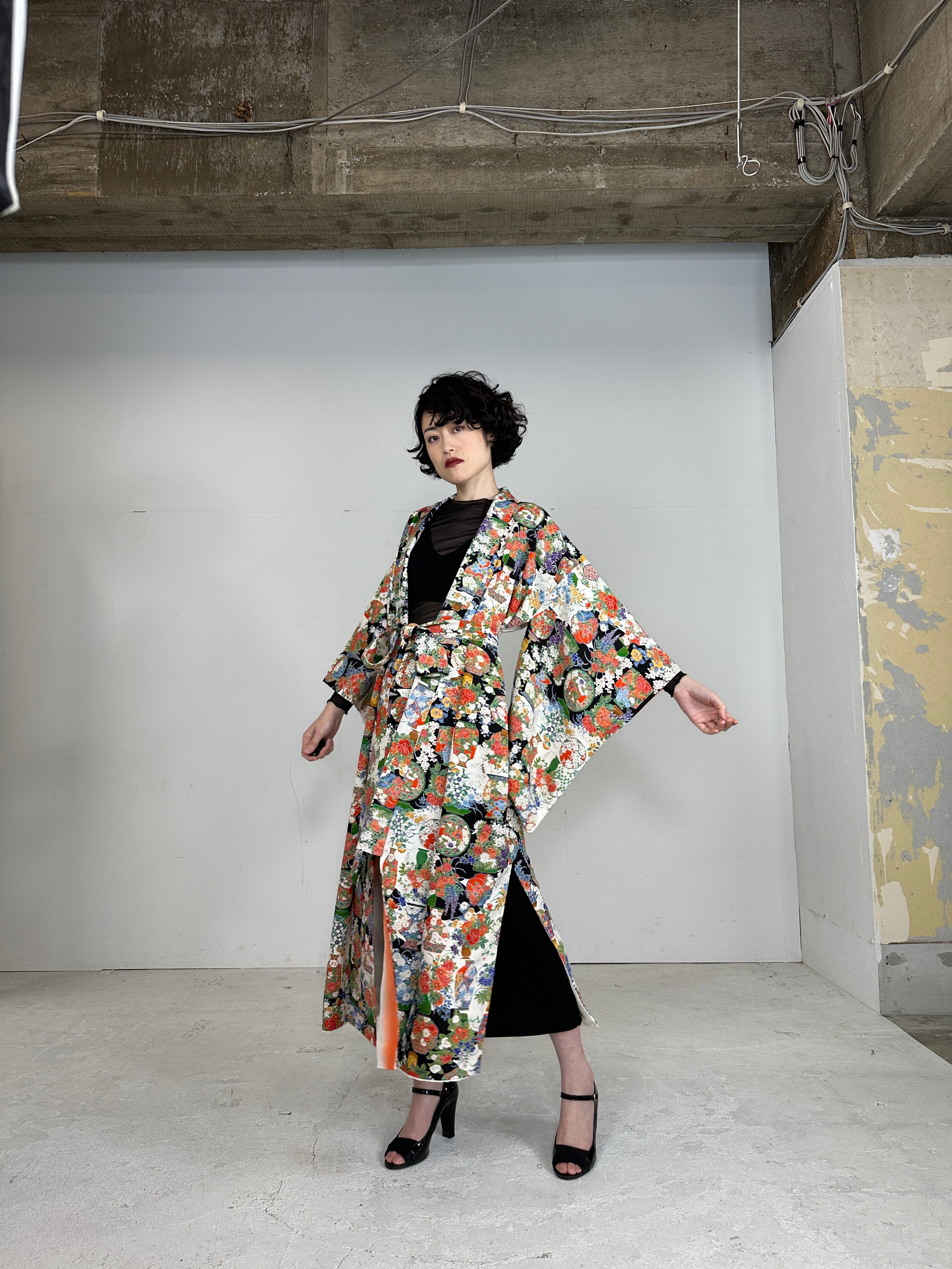 Kimono dress gown and string belt upcycled from Japanese kimono