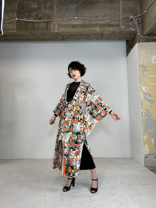 Kimono dress gown and string belt upcycled from Japanese kimono "BLACK KOMON"