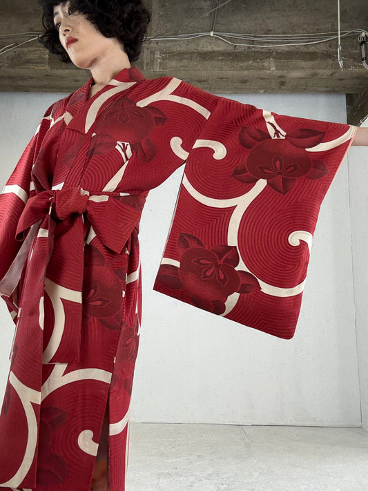 Kimono dress gown and string belt upcycled from Japanese kimono "karakusa, antique" Big Ribbon *damage