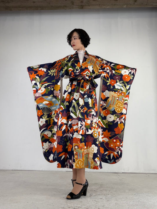 Furisode Kimono Dress Gown with String Belt – Upcycled from Vintage Japanese Kimono "kon, hana, DRE026"