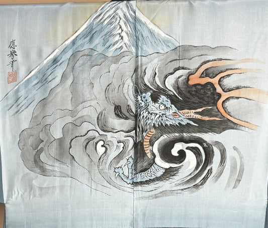 VINTAGE KAWAII HAORI oversized "oshima, blue,dragon,fuji,059"