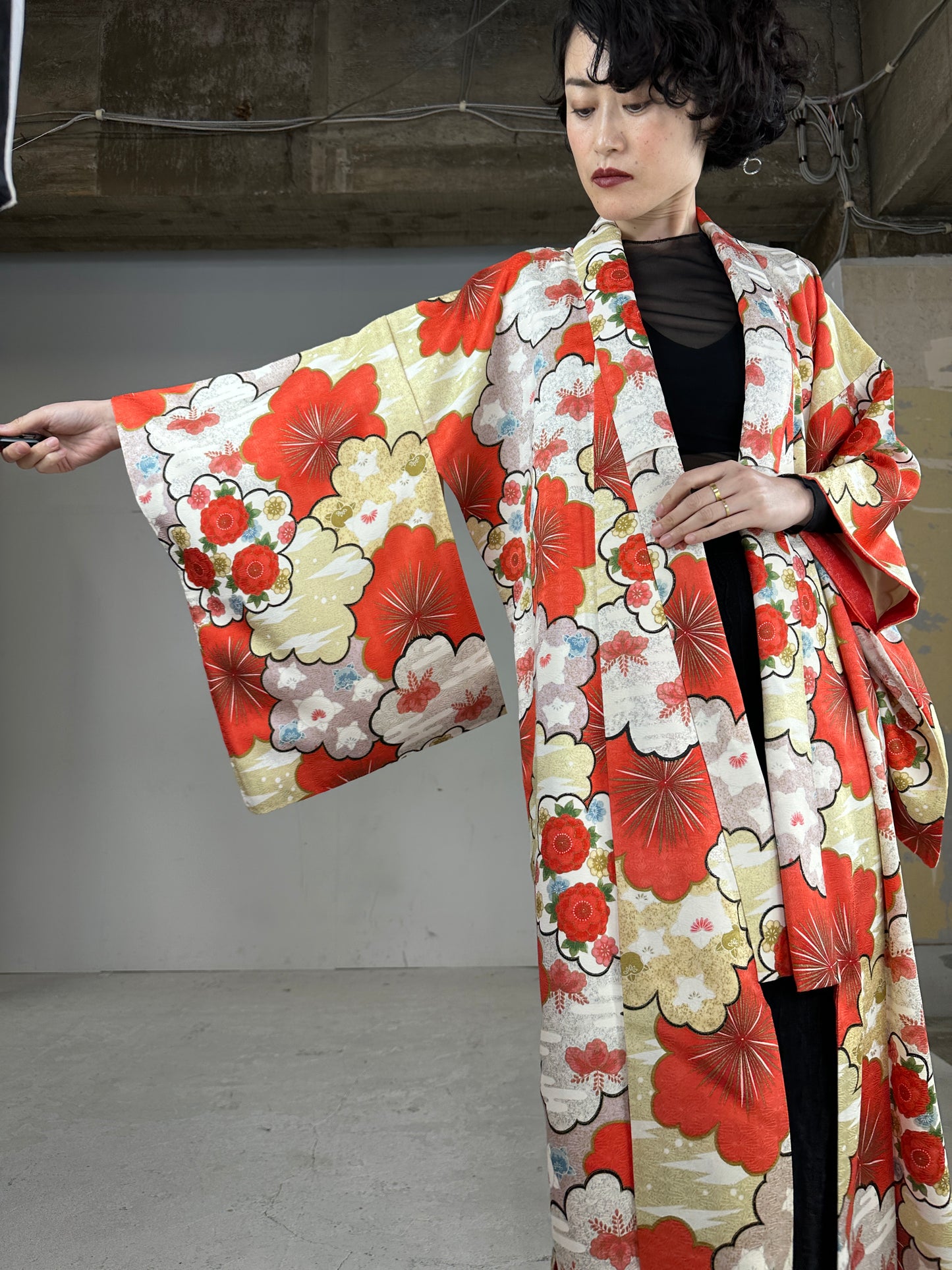 Kimono dress gown and string belt upcycled from Japanese kimono "GOLD RED"