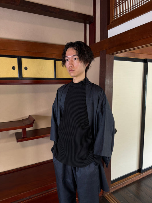 Oshima Tsumugi HAORI and KIMONO elastic waist pants upcycled from Japanese kimono"keshiki, blue"version 2 shoshi ari