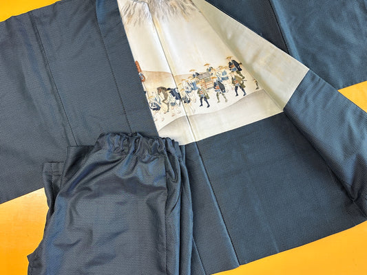 ORDER// Oshima Tsumugi HAORI and KIMONO elastic waist pants(large size) upcycled from Japanese kimono(Unisex)daimyougyouretsu