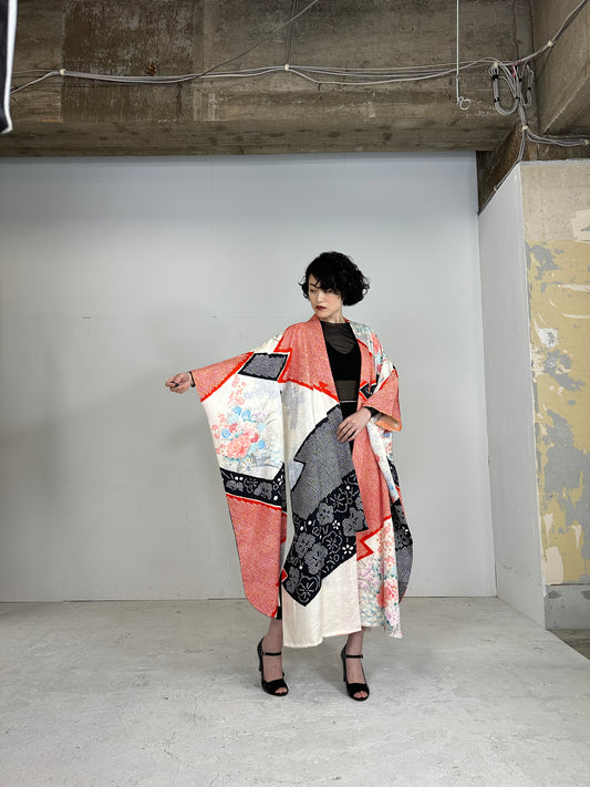 Furisode Kimono dress gown and string belt upcycled from Japanese kimono "furisode mix"