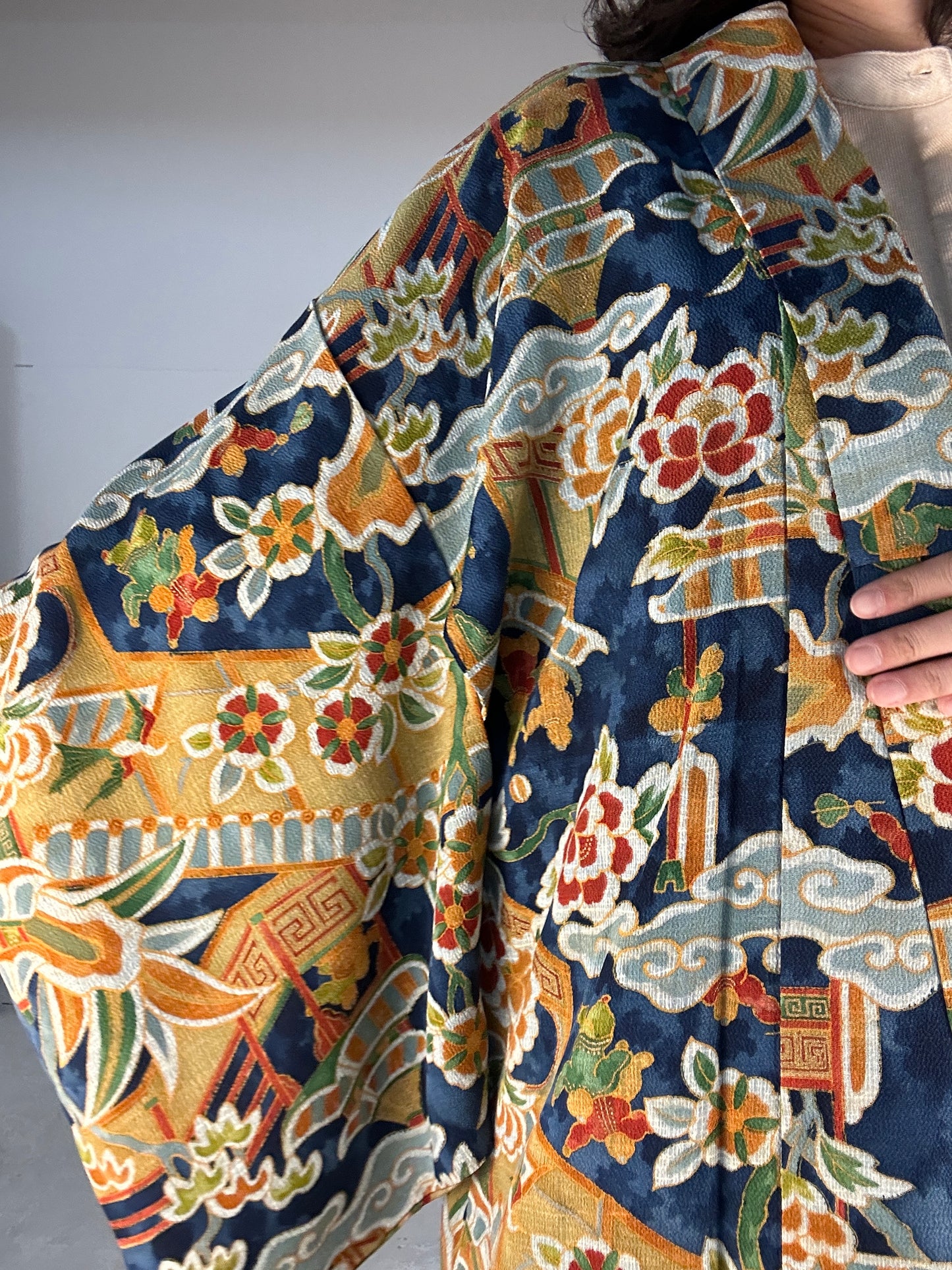 Kimono dress gown and string belt upcycled from Japanese kimono "antique sarasa"