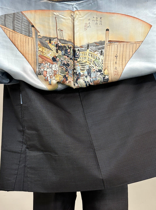 Oshima Tsumugi HAORI and KIMONO elastic waist pants(large size) upcycled from Japanese kimono(Unisex)"NIHONBASHI_blue pattern"