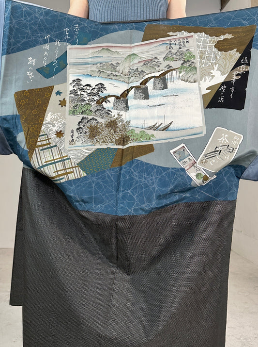 Oshima Tsumugi HAORI and KIMONO elastic waist pants(large size) upcycled from Japanese kimono(Unisex)"Kintai Bridge"