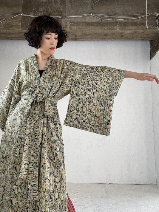 Kimono dress gown and string belt upcycled from Japanese kimono " fuji"