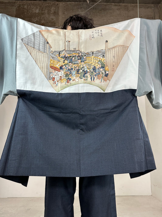 Tsumugi HAORI and KIMONO elastic waist pants(large size) upcycled from Japanese kimono(Unisex)"NIHONBASHI_Gold"