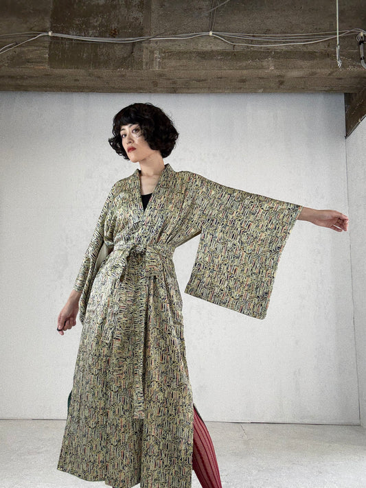 Kimono dress gown and string belt upcycled from Japanese kimono "fuji, DRE005"