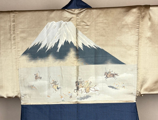 VINTAGE KAWAII HAORI oversized "oshima, blue, kari,horse,fuji, 063"