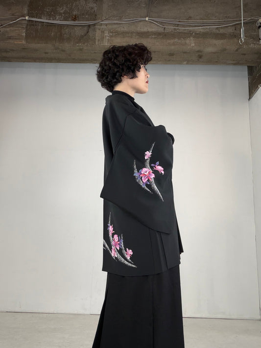 VINTAGE BLACK HAORI "pink, flower, BLK152"