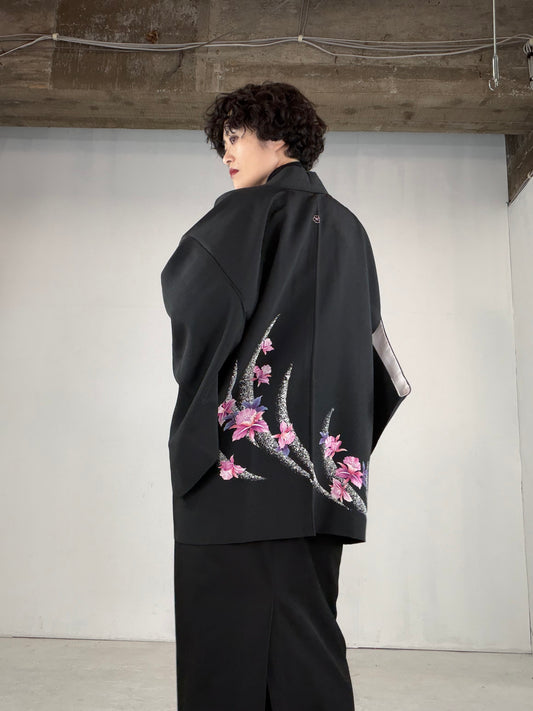 VINTAGE BLACK HAORI "pink, flower, BLK152"