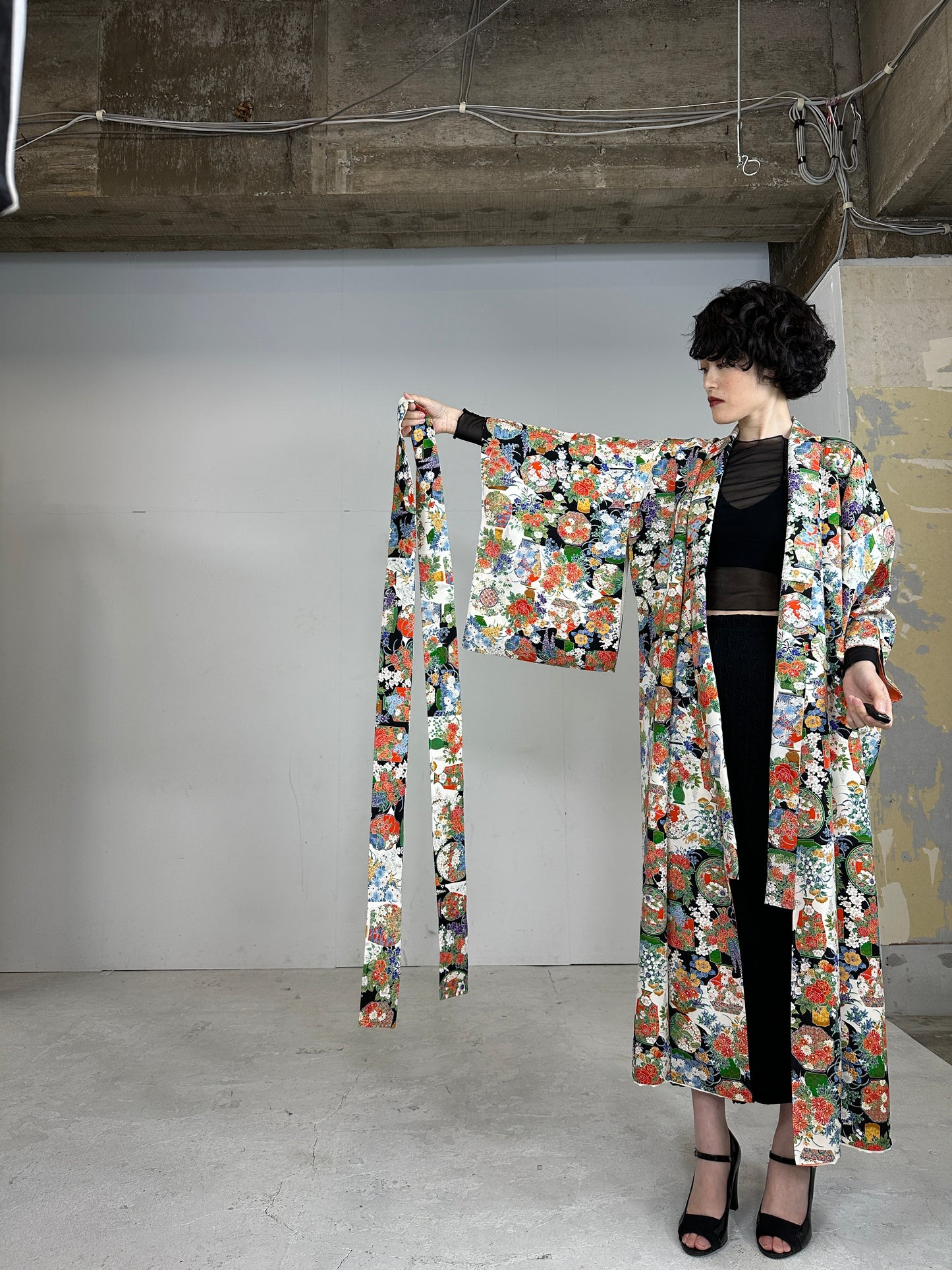 Kimono dress gown and string belt upcycled from Japanese kimono "BLACK KOMON"