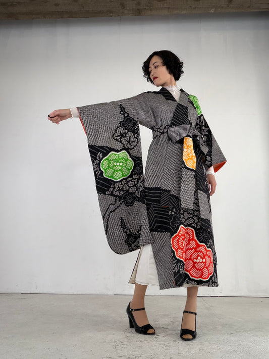 Furisode Kimono Dress Gown with String Belt – Upcycled from Vintage Japanese Kimono "shibori, black, DRE027"