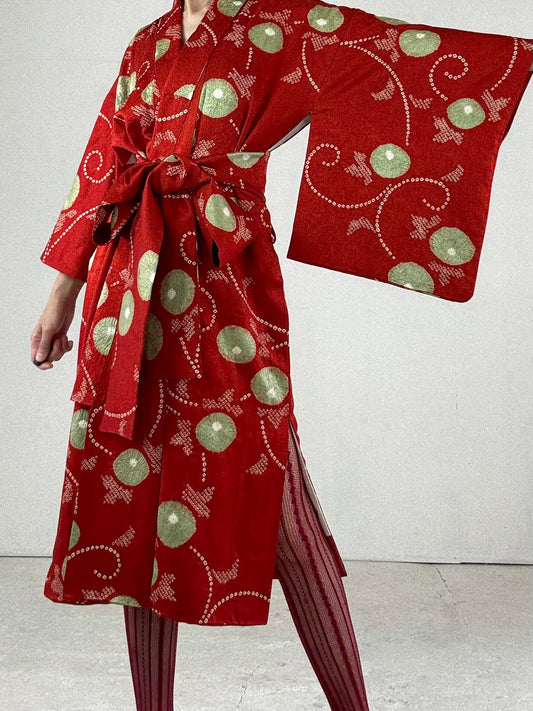 Kimono dress gown and string belt upcycled from Japanese kimono "shibori, red" Big Ribbon