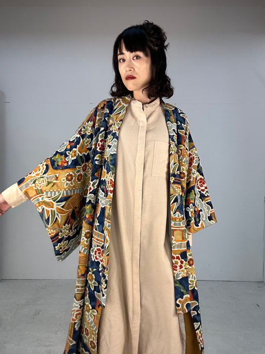 Kimono dress gown and string belt upcycled from Japanese kimono "antique sarasa"