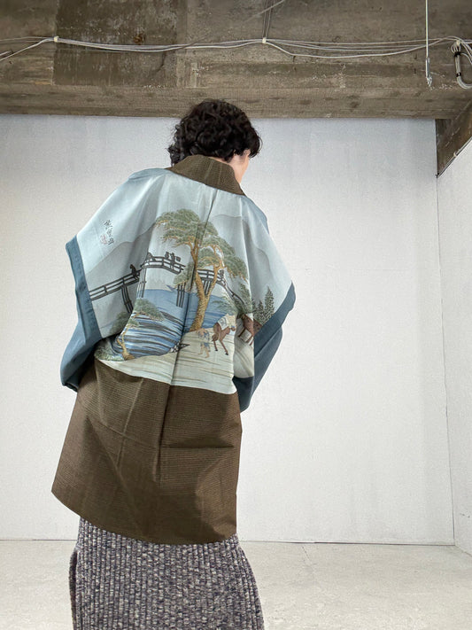 VINTAGE KAWAII HAORI oversized "oshima, uma, gold, OSI201" *damage