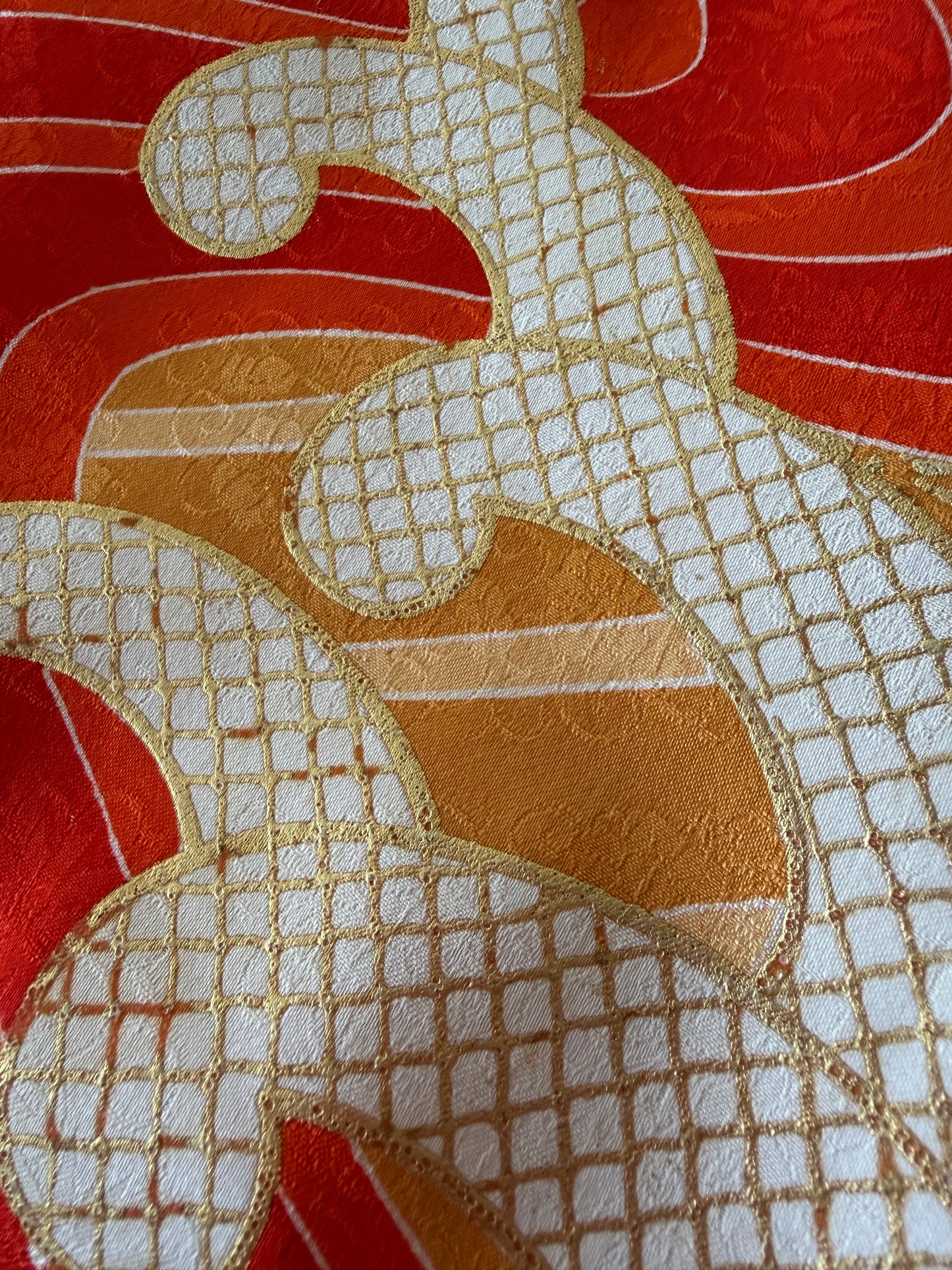 Furisode Kimono Dress Gown with String Belt – Upcycled from Vintage Japanese Kimono "orange, nami, DRE021"