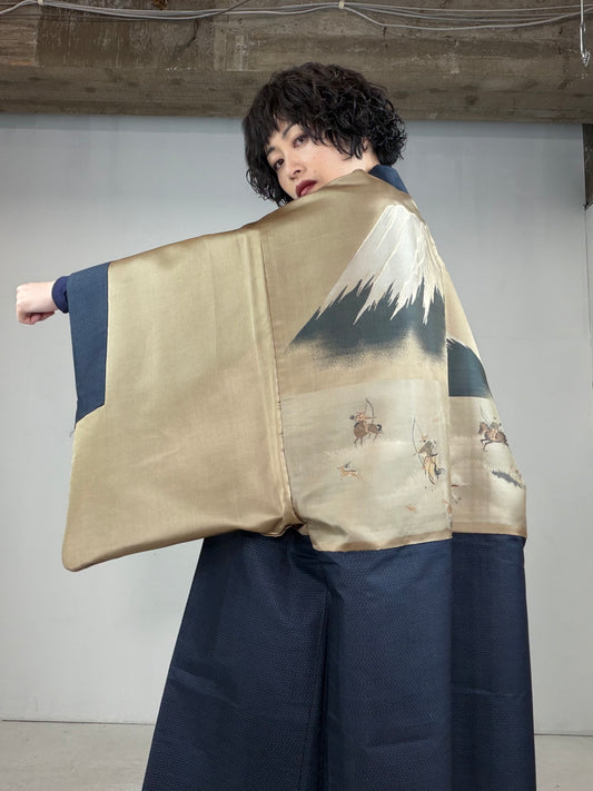 VINTAGE KAWAII HAORI oversized "oshima, blue, kari,horse,fuji, 063"