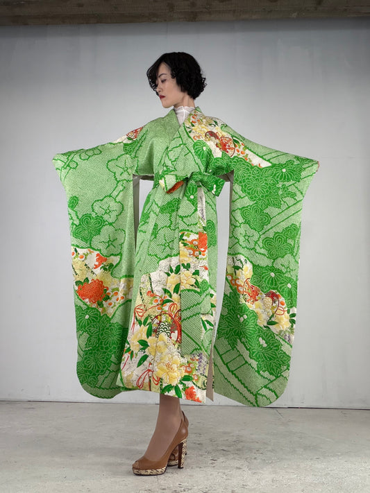 Furisode Kimono Dress Gown with String Belt – Upcycled from Vintage Japanese Kimono "shibori, green, mix, DRE020"