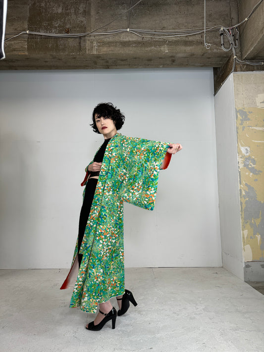 Kimono dress gown and string belt upcycled from Japanese kimono "MIDORI"