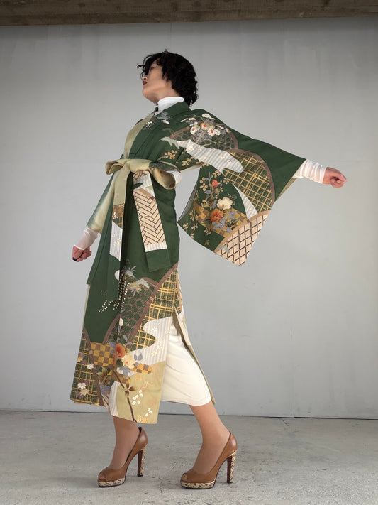 Houmongi Kimono Dress Gown with String Belt – Upcycled from Vintage Japanese Kimono "green, DRE029"
