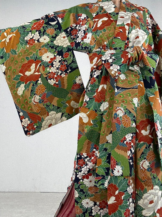 Kimono dress gown and string belt upcycled from Japanese kimono "hanadukushi" Big Ribbon