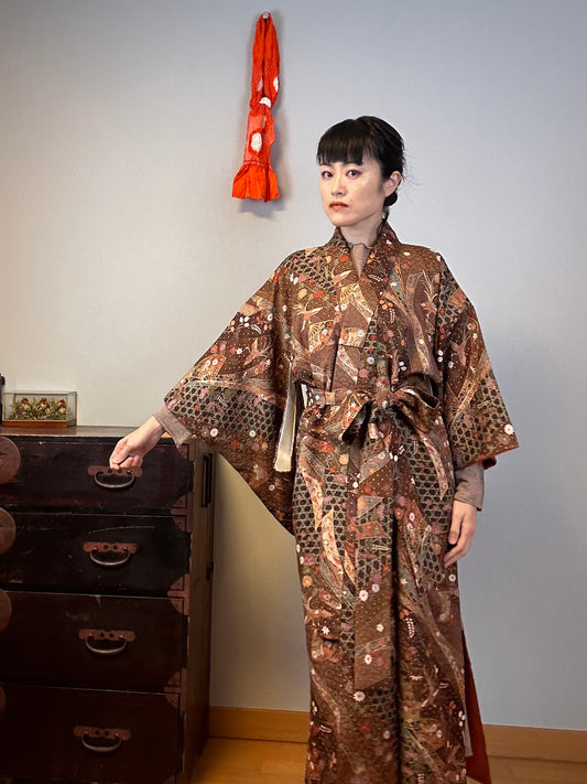 Kimono dress gown and string belt upcycled from Japanese kimono "KAGA YUZEN"