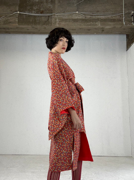 Kimono dress gown and string belt upcycled from Japanese kimono "tachibana" Big Ribbon