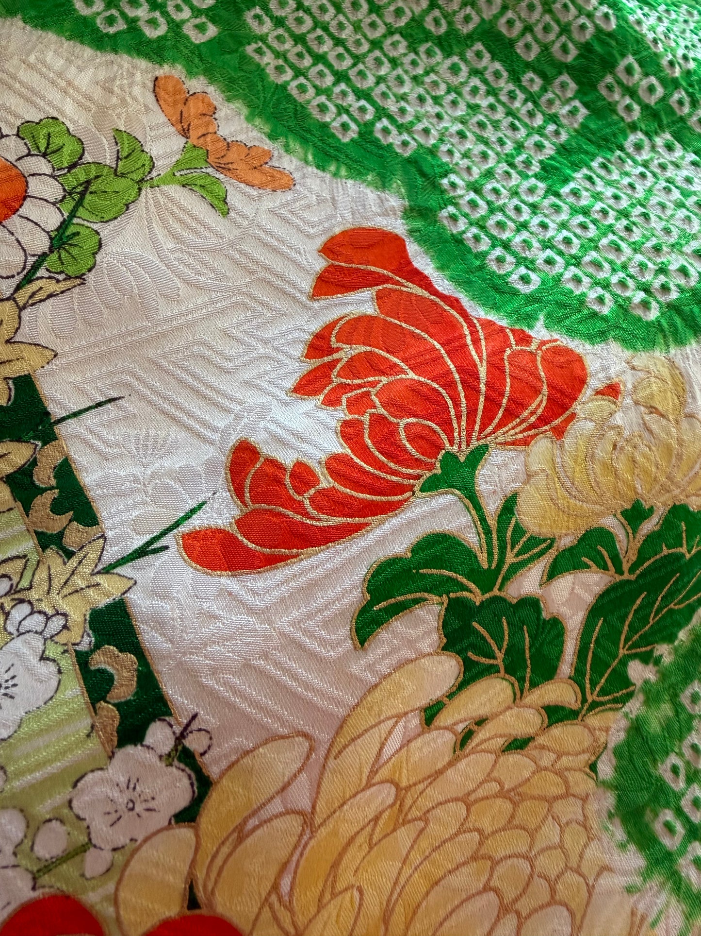 Furisode Kimono Dress Gown with String Belt – Upcycled from Vintage Japanese Kimono "shibori, green, mix, DRE020"