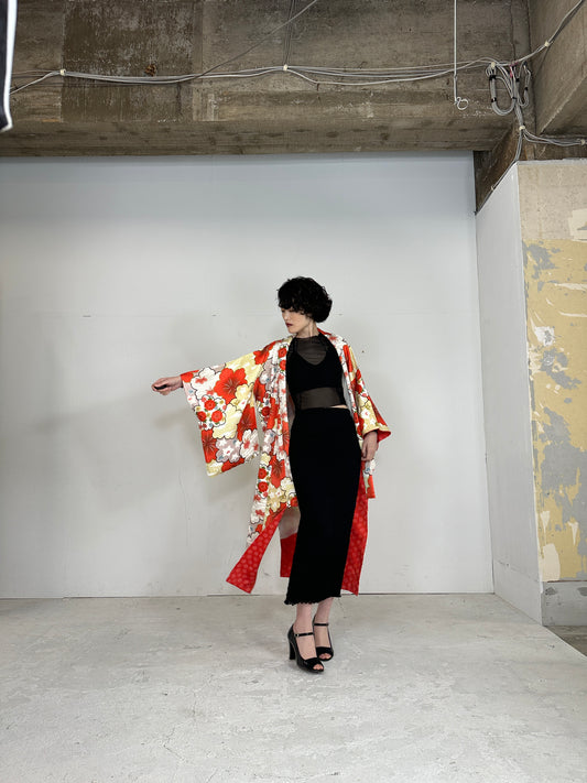 Kimono dress gown and string belt upcycled from Japanese kimono "GOLD RED"