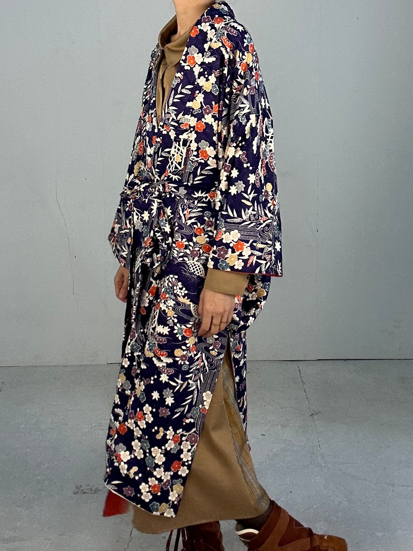 Kimono dress gown and string belt upcycled from Japanese kimono " komon ao"