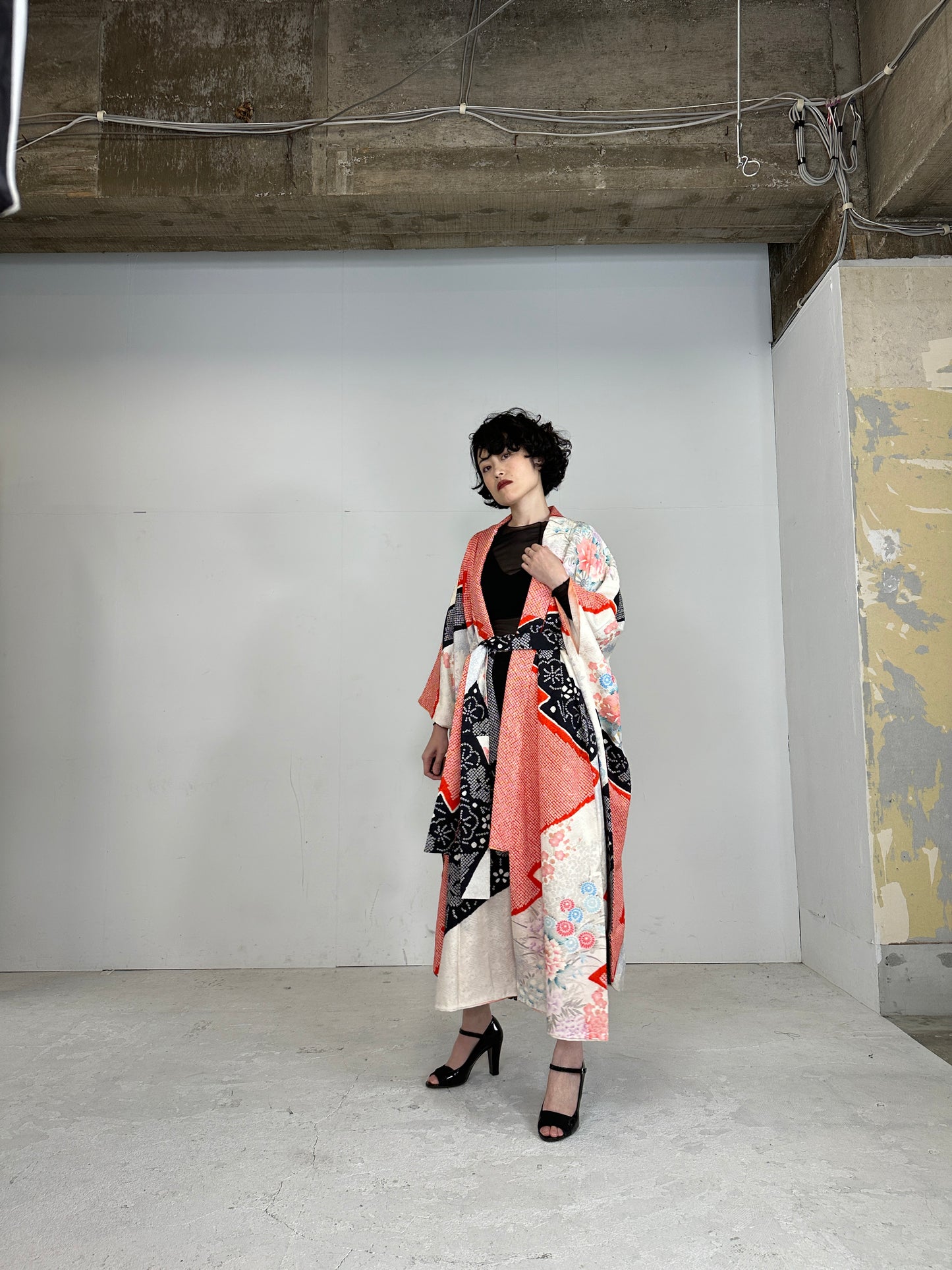 Furisode Kimono dress gown and string belt upcycled from Japanese kimono "furisode mix"