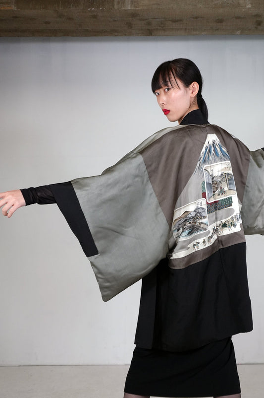 VINTAGE KUROMONTSUKI HAORI "fuji, maruni-chigai-takanoha, KUR113"