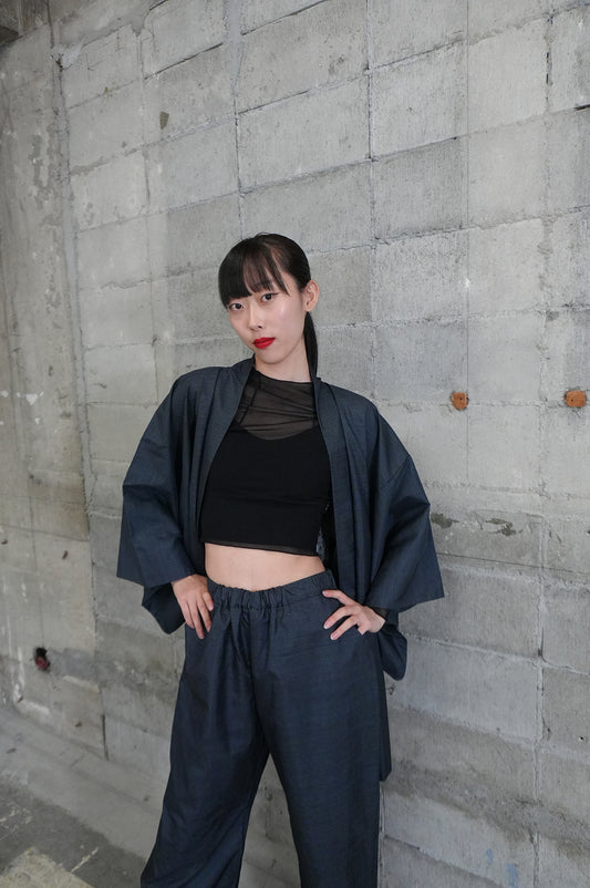 Oshima Tsumugi HAORI and KIMONO elastic waist pants upcycled from Japanese kimono"taka, ASB002"version 2