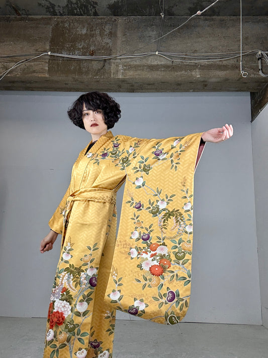 Furisode Kimono dress gown and string belt upcycled from Japanese kimono "yellow"