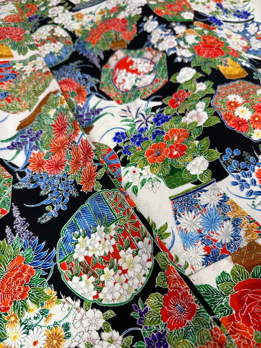 Kimono dress gown and string belt upcycled from Japanese kimono "BLACK KOMON"