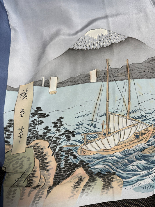 Tsumugi HAORI and KIMONO elastic waist pants(large size) upcycled from Japanese kimono(Unisex)"iwayaguchi"