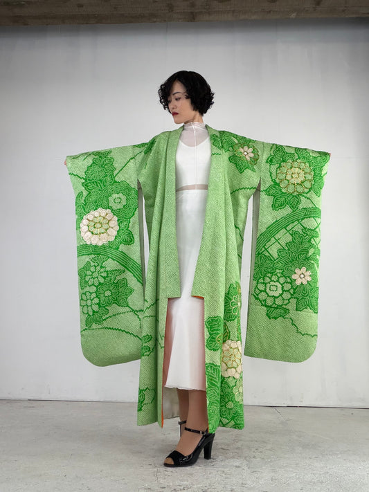 Furisode Kimono Dress Gown with String Belt – Upcycled from Vintage Japanese Kimono "shibori, green, kinkoma, DRE025"
