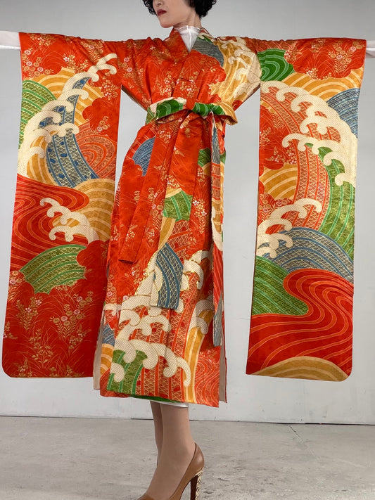 Furisode Kimono Dress Gown with String Belt – Upcycled from Vintage Japanese Kimono "orange, nami, DRE021"