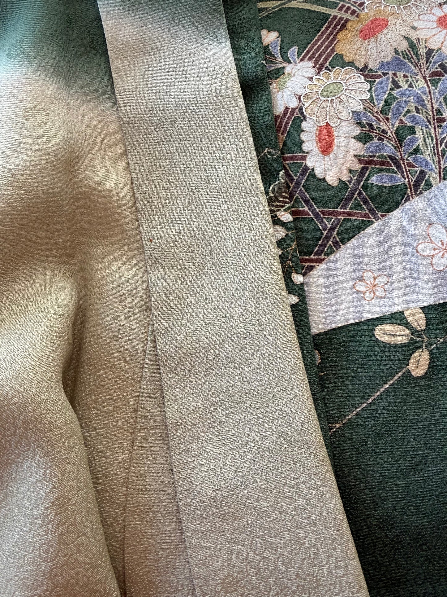 Houmongi Kimono Dress Gown with String Belt – Upcycled from Vintage Japanese Kimono "green, DRE029"