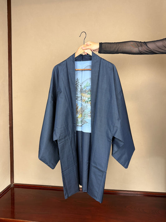 VINTAGE KAWAII HAORI oversized "oshima, blue, teien, 019"