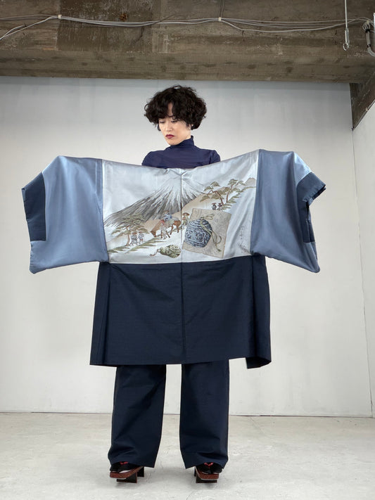 Oshima Tsumugi HAORI and KIMONO elastic waist pants upcycled from Japanese kimono" ASB008"