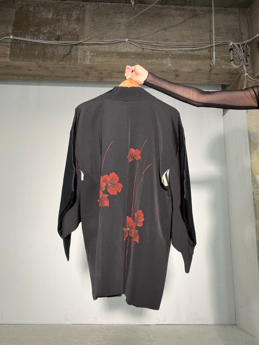 VINTAGE BLACK HAORI "glitter, flower , BLK186"