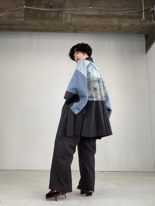 Oshima Tsumugi HAORI and KIMONO elastic waist pants upcycled from Japanese kimono" ASB004" *damage