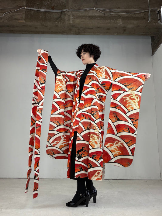 Furisode Kimono Dress Gown with String Belt – Upcycled from Vintage Japanese Kimono "DRE017