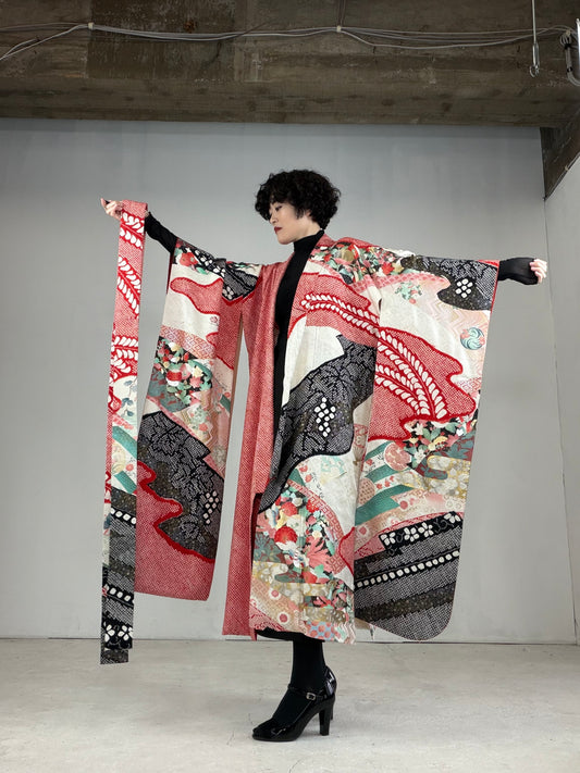Furisode Kimono Dress Gown with String Belt – Upcycled from Vintage Japanese Kimono "DRE016