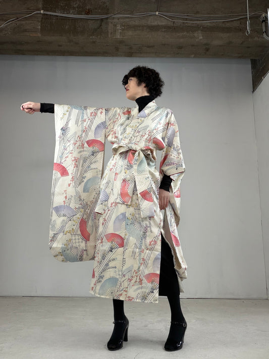 Furisode Kimono Dress Gown with String Belt – Upcycled from Vintage Japanese Kimono "DRE015